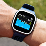 **

A person wearing a smartwatch while running outdoors, with data overlays (heart rate, pace, GPS route) visible on the screen. Focus on the integration of technology and fitness, showing a modern and active lifestyle. Emphasize the "Virtual Pacer" function of the smartwatch.

**