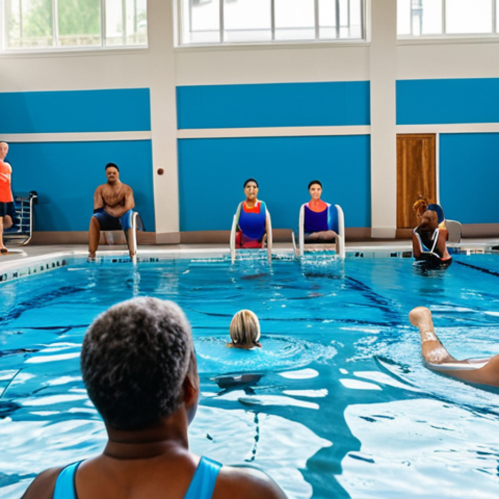 **

A diverse group of adults participating in a Blue Workout class in an indoor swimming pool, fully clothed in modest swimwear, appropriate content, safe for work, professional setting, perfect anatomy, natural proportions, energetic atmosphere, well-lit, family-friendly.

**