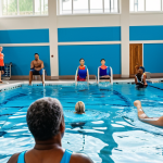 **

A diverse group of adults participating in a Blue Workout class in an indoor swimming pool, fully clothed in modest swimwear, appropriate content, safe for work, professional setting, perfect anatomy, natural proportions, energetic atmosphere, well-lit, family-friendly.

**