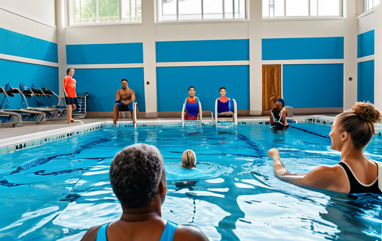 **
A diverse group of adults participating in a Blue Workout class in an indoor swimming pool, fully clothed in modest swimwear, appropriate content, safe for work, professional setting, perfect anatomy, natural proportions, energetic atmosphere, well-lit, family-friendly.
**